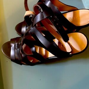 Black leather caged high heel sandals